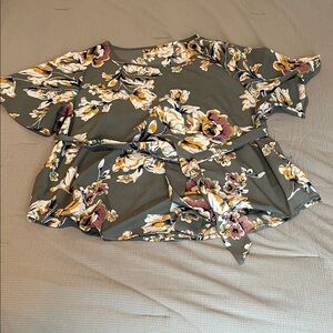 SHEIN Olive Floral Tie-Front Blouse